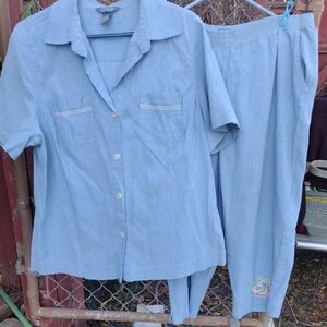 Light Blue Button-Up Shirt and Capris Pants Set
